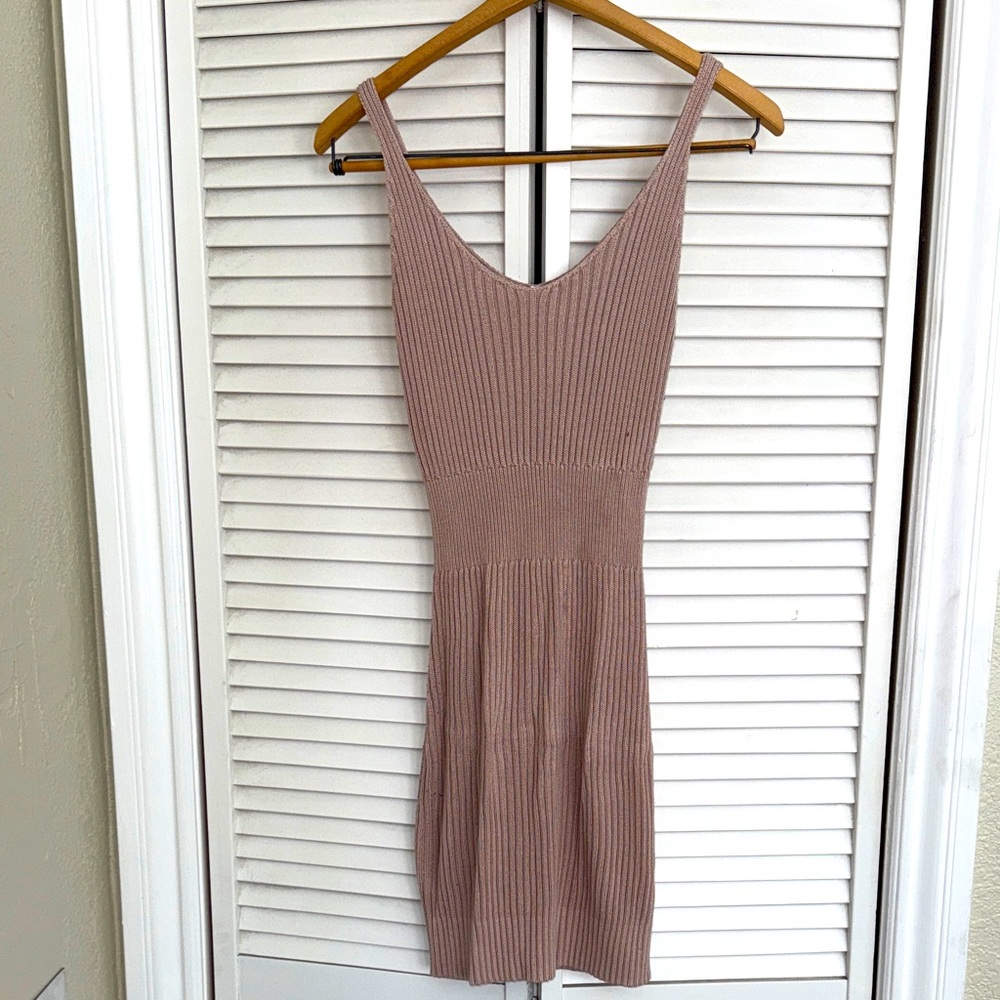 Ribbed Bodycon Knit Sweater Dress in Taupe - S